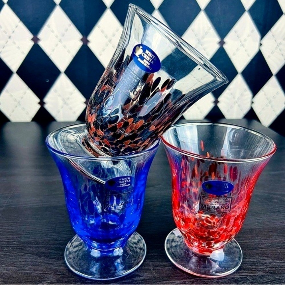 Italian Art Glass Goblets  Handmade White Cristal| Set of 3 New Contemporary‎